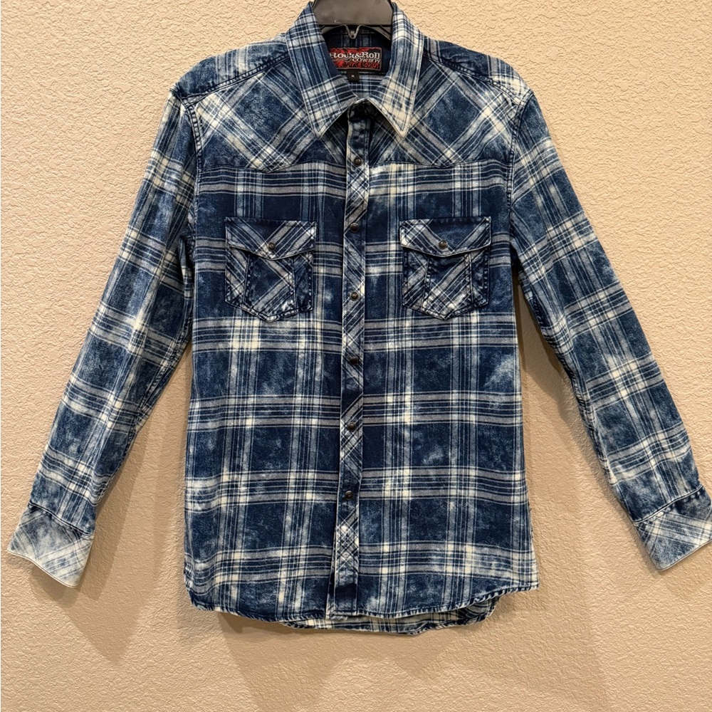 Rock & Roll Cowboy, Multi Blue & White/Cream Washed Plaid, Snap-Down Shirt